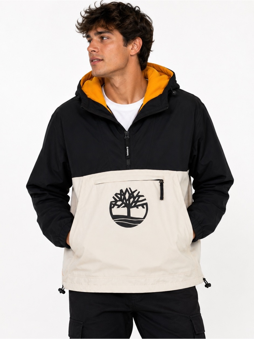 Timberland Anorak Windbreaker Jacket Black Cream Orange Hooded Unisex S